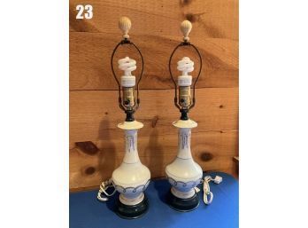 Lot 23- Vintage Pair Of Ceramic Table Lamps - Light Blue With Gold