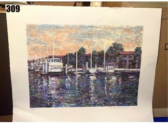 Lot 309 - Large Signed And Numbered 720/750 Seascape Harbor Art Litho 25x39 - No Frame