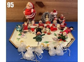 Lot 95 - Vintage Tin Tray With Santas And Holiday Decorations, Ornaments