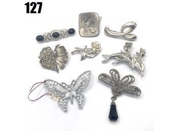 Lot 127 - Costume Jewelry Lot Of Silver Tone Pins - BSK, Kirks Folly, SarahCov
