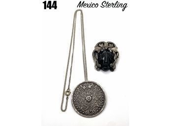 Lot 144 -  Two Mexico Sterling Silver Aztec & Onyx Tribal Necklace With Pendant / Pin