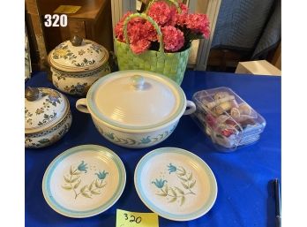 Lot 320 -Franciscan Pottery And Vintage Pans With Small Plastic Sewing Box, Basket Of Fake Flowers