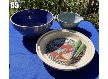 Lot 85 - Baking Lot - Pottery Blue Bowl - Pie Dish, Signed Pottery, Vintage Apple Peelers