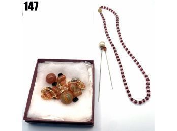 Lot 147 - Jewelry Lot - 18' Crystal Bead Necklace 2 Hat Pins Collection Of Glass Beads
