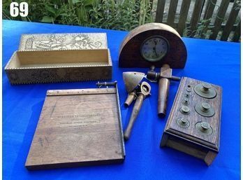 Lot 69 - Antique Clock, Vintage Kodak Trimming  Board, Apothecary Weights, Carved Wood Box, Spigot, Wood Toy