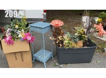 Lot 209 - Large Floral Flower Lot And Metal Plant Stand