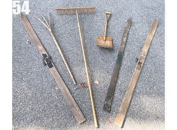 Lot 54 - Vintage Wood Skiis, Primitive Yard Tools - Rake - Shovel