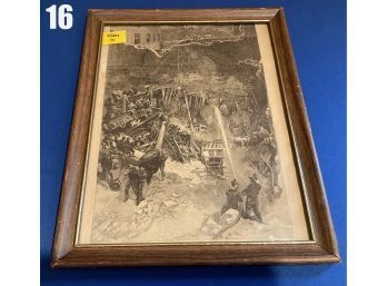 Lot 16 - Framed Firemen At Park Place Disaster Litho Print By WA Rogers 1891
