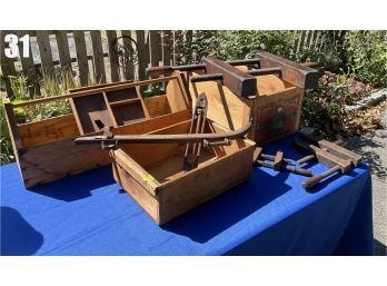 Lot 31 - Vintage Wood Lot And Tool Carrier, Clamp, Crate, Lot Of 9