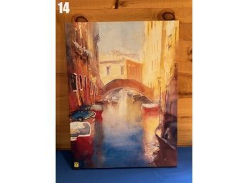 Lot 14 - Unframed Canal With Orange Bridge On Canvas By Cecil Rice Art