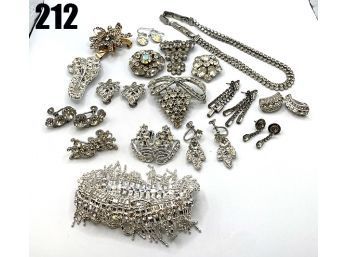 Lot 212 -Vintage Rhinestone Jewelry  Lot - 12k GF Gold Filled Brooch, Pins, Earrings, Necklace Etc