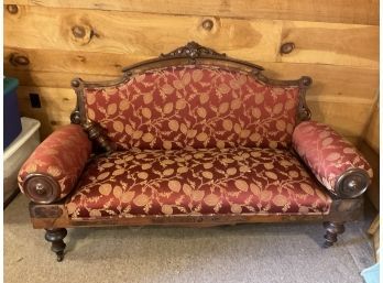 Antique Victorian Loveseat Settee Maroon And Gold Upholstery And Ornate Mahogany