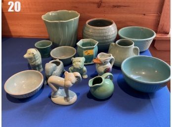 Lot 20 - Vintage Green Pottery Lot Of 15 Pieces.  McCoy - USA - Japan And More