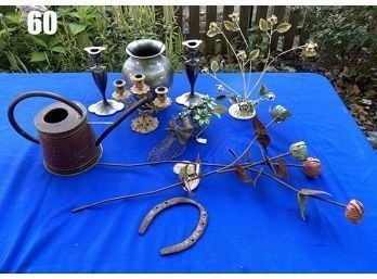 Lot 60 - Metal Flora, Teapot, Copper Water Can, Silver-plate Candlestick Holders, Floral Tiebacks