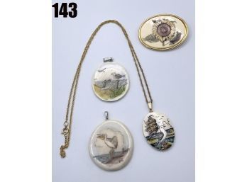 Lot 143 - Scrimshaw Lot Of 4 Pendants Sunflower Pelican Boat With Seagulls - Nautical Jewelry