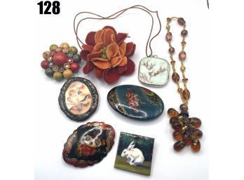 Lot 128 - Vintage Brooches Pins Pendants Lot Of 8, Necklace Hand Painted