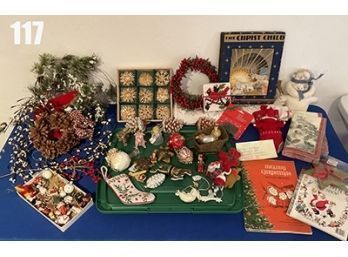 Lot 117 - Misc Vintage Christmas Lot - Books, Tablecloth, Garland, Ornaments
