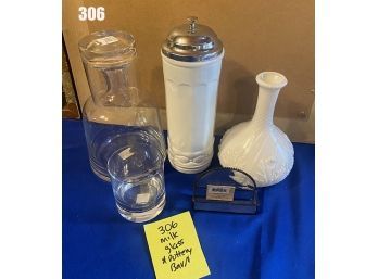 Lot 306 -Milk Glass Straw Holder & Vase - Pottery Barn Bedside Carafe & Tumbler, Bus Card Holder