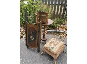 Lot 257 - Small Round Side Table, Embroidered Foot Stool, Wood Sleigh, Basket