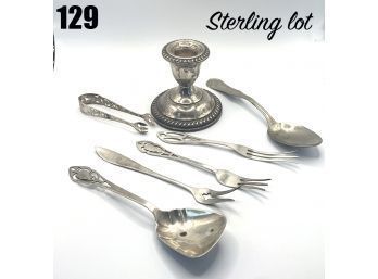 Lot 129 - Sterling Silver Vintage Lot Of 7 -Tongs, Spoons, Candle Holder