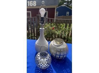 Lot 168 - White Ceramic Lamp Base  23' And Ornate Metal Tea Light Holders