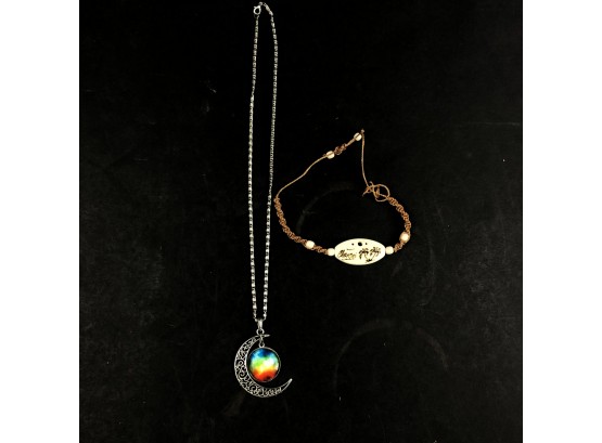 Silvertone Moon Charm With Rainbow Colored Stone And Rope Bracelet - #D