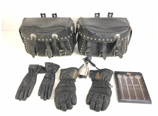 Leather Saddlemen Motorcycle Saddlebags, Heated Gloves & Harley-Davidson Swizzle Sticks - #S1-R4