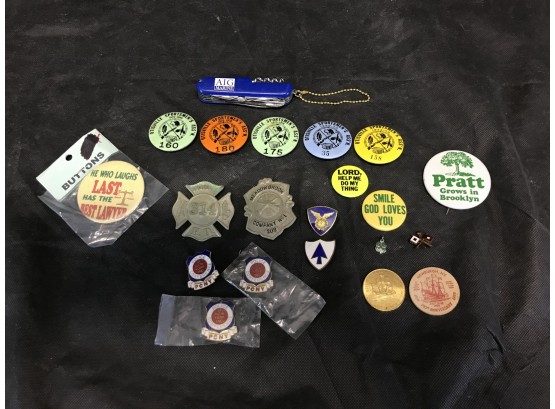 Box Lot: Brass Fireman Badges,  Sportsman Pin Back Buttons, Police Conference Pins & More - #B-R3