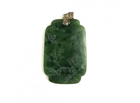 Sterling Silver Natural Jade Pendant With Gold Wash, Asian Village Scene - #C