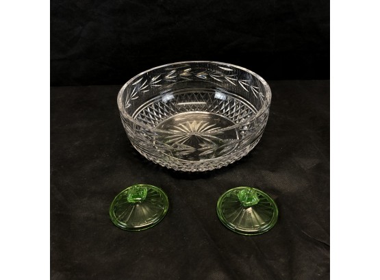 Waterford Crystal Bowl & Vaseline Glass Lids - #BS