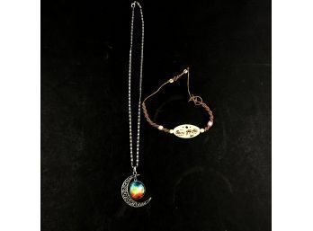 Silvertone Moon Charm With Rainbow Colored Stone And Rope Bracelet - #D