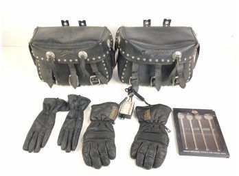 Leather Saddlemen Motorcycle Saddlebags, Heated Gloves & Harley-Davidson Swizzle Sticks - #S1-R4