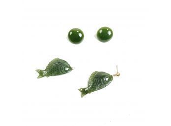 Jade Disc Earrings & Fish Earrings With 14k Post - #A
