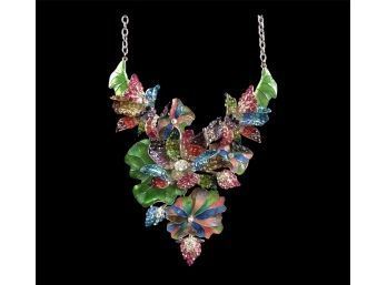 Large Ornate Silvertone Necklace With Handpainted Flowers & Colored Rhinestones - #D