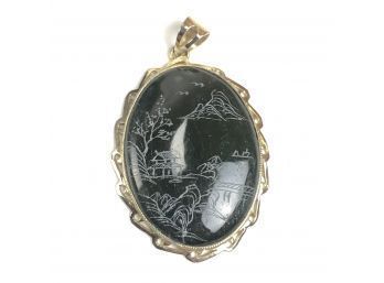 Sterling Silver Jade Carved Pendant With Gold Wash - #C