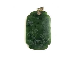 Sterling Silver Natural Jade Pendant With Gold Wash, Asian Village Scene - #C