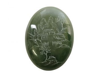 Engraved Natural Green Jade Oval With Chinese Village Scene - #A-R3