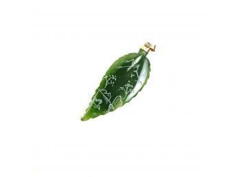 Jade Leaf Pendant With Hand Engraved Mountain Scene, 14k Bail - #A-1