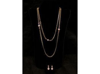 Gold Tone Necklace With Pink Stones And Matching Earrings, Givenchy Paris - New York - #B