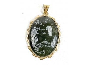Silver With Gold Wash Large Oval Jade Pendant - Hand Engraved Chinese Village Scene - #B