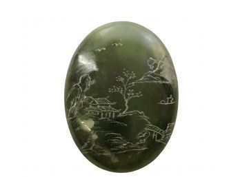 Engraved Natural Green Jade Oval With Pagoda Scene - #A-R3