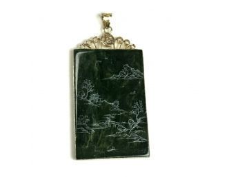 Sterling Silver Jade Pendant With Gold Wash, Village Pagoda Scene - #C