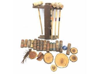 Box Lot: Vintage Croquet Mallets With Stand, Tree Cookies, Leather Knife Sheath - # LR2