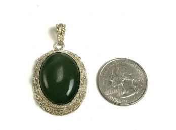 Sterling Silver Jade Oval Pendant With Filagree Rim - #C