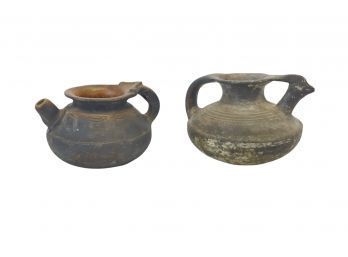 Antique Earthenware Jugs With Incised Lines, One With Bridge Spout , Possibly Akkadian - #BS