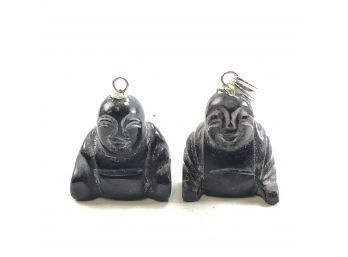 Pair Of Black Jade Buddha Pendants - #A-R3