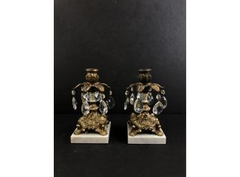 Pair Of Brass, Crystal & Marble Table Lamp Bases - #BS