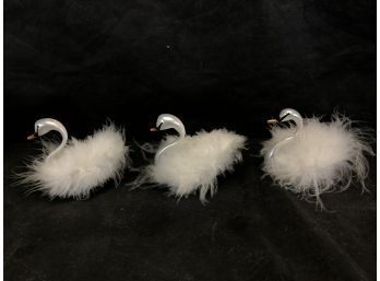 Set Of 3 Blown Glass Swan Feathered Christmas Ornaments. Made In Italy - #S5-3