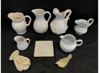 Mixed Lot Of White Glass Pitchers, 2 I. Godinger & Co, Maritam Made In Portugal, Plate, 2 Resin Birds - #R3