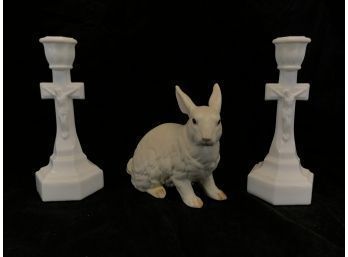 Lefton Bunny Rabbit Figurine & Milk Glass Crucifix Candle Holders - #S8-R3